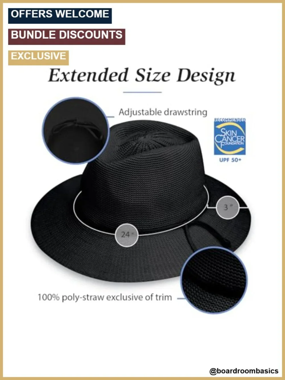 Women's UPF 50+ Poly-Straw Fedora Sun Hat w/ 3